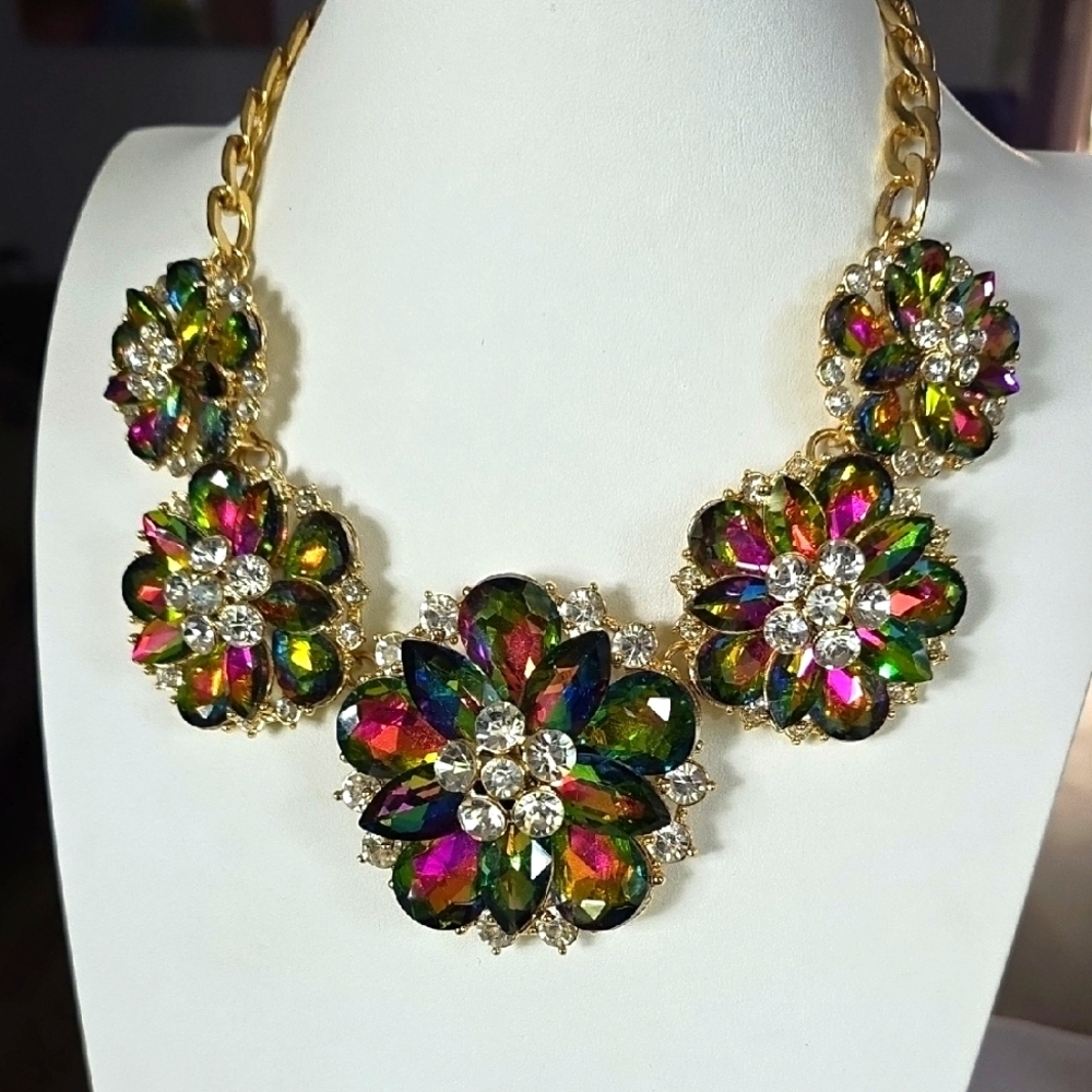 Multicolor Floral Crystal Statement Necklace - image 1